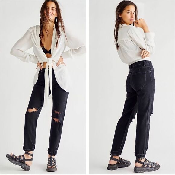 Free People We The Free Bren Boyfriend Black Distressed Jean - Picture 14 of 14